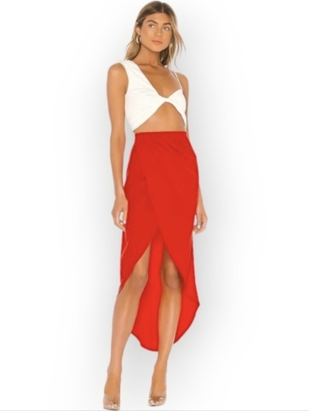 superdown Red Asymmetrical Slit Maxi Skirt